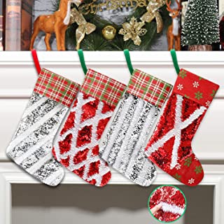 Qisiewell Juego de 4 calcetines de Navidad para chimenea, modelo hazlo tú mismo, 40 cm, material de lentejuelas, se puede colgar y utilizar como caja de regalo