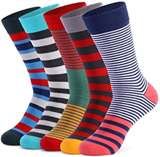 5 Pares Calcetines Estampados para Hombre Casuales Divertidos con Stripe fino de Algodón Peinado de Colores de Moda Cómodo Transpirable (39-47 EU)