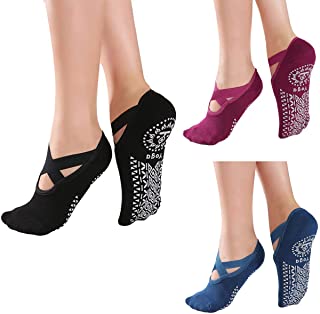 Yoga-Socks - Calcetines de fitness antideslizantes para mujer con empuñaduras, 3 pares (negro + rojo + azul).