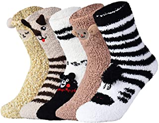 Calcetines de Invierno Calientes de Piso Lindos de Navidad para Mujer Vellón de Coral Abrigados 5 pares