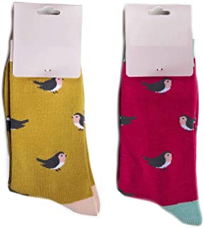 Calcetines para mujer (2 pares), diseño de pájaros, color rojo y mostaza