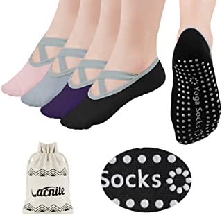 Calcetines de yoga para mujer?Antideslizantes 4 pares Calcetines de algodón con agarres antideslizantes Correas Calcetines Ballet Pilates Ballet puro Barre Descalzo Entrenamiento Trampolín Fitness